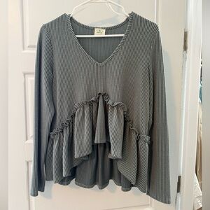 Ruffled V-Neck Long Sleeve Top - Blue/Gray
